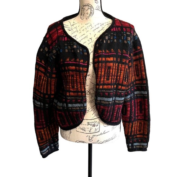 Peruvian Connection Cropped  Open Cardigan Sweater Wool Rainbow Stain Glass XL - Picture 1 of 9